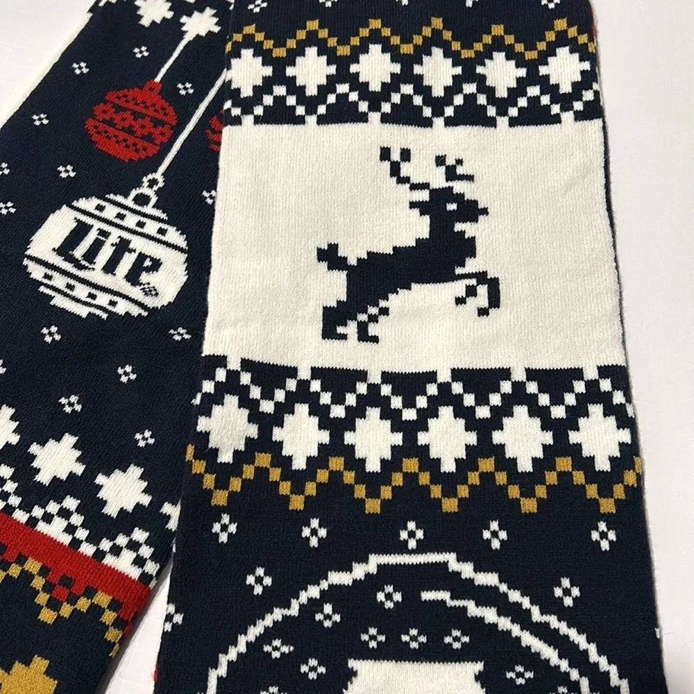Miller Lite Christmas Holiday Scarf Reindeer & Ornaments Navy Blue Red and White
